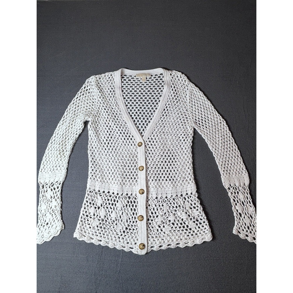 Michael Kors crochet knit cardigan 100% cotton Size S Coquette Y2K Quiet Luxury
